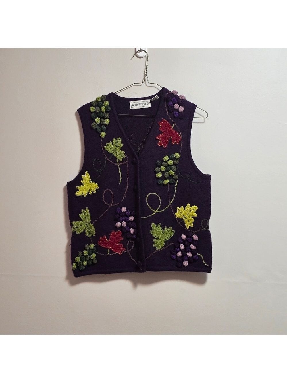 Vintage Belle Point Embroidered Vest with Floral Design 100% Wool